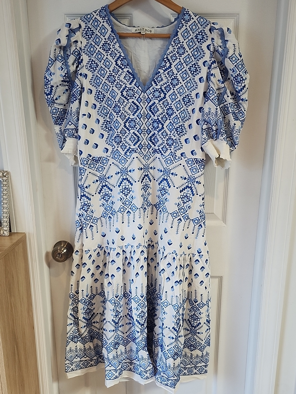 Hale Bob White and Blue Embroidered V-Neck Midi Dress